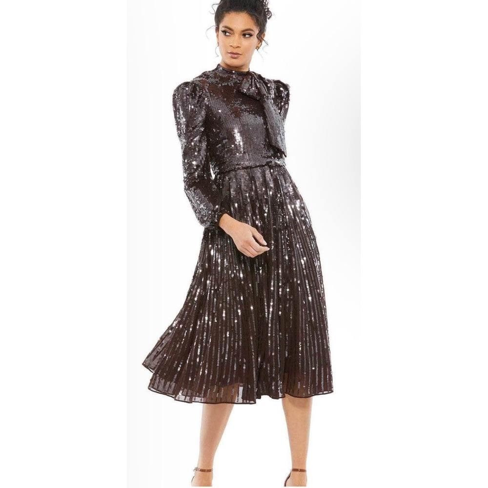 Mac Duggal Brown Sequin Long‎ Sleeve Midi Dress with Shoulder Bow 93642 Size 14